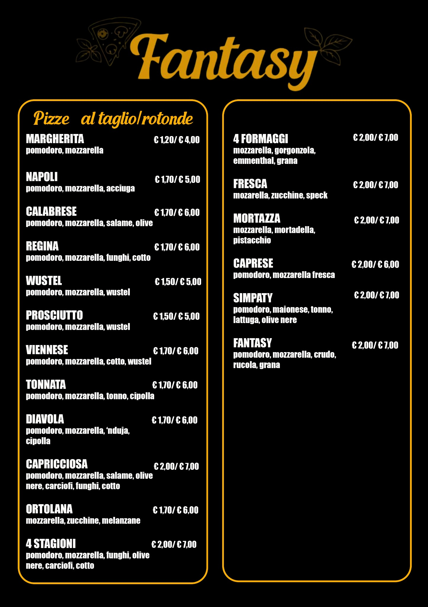 Menù Fantasy pagina 1 con pizze al taglio e pizze rotonde