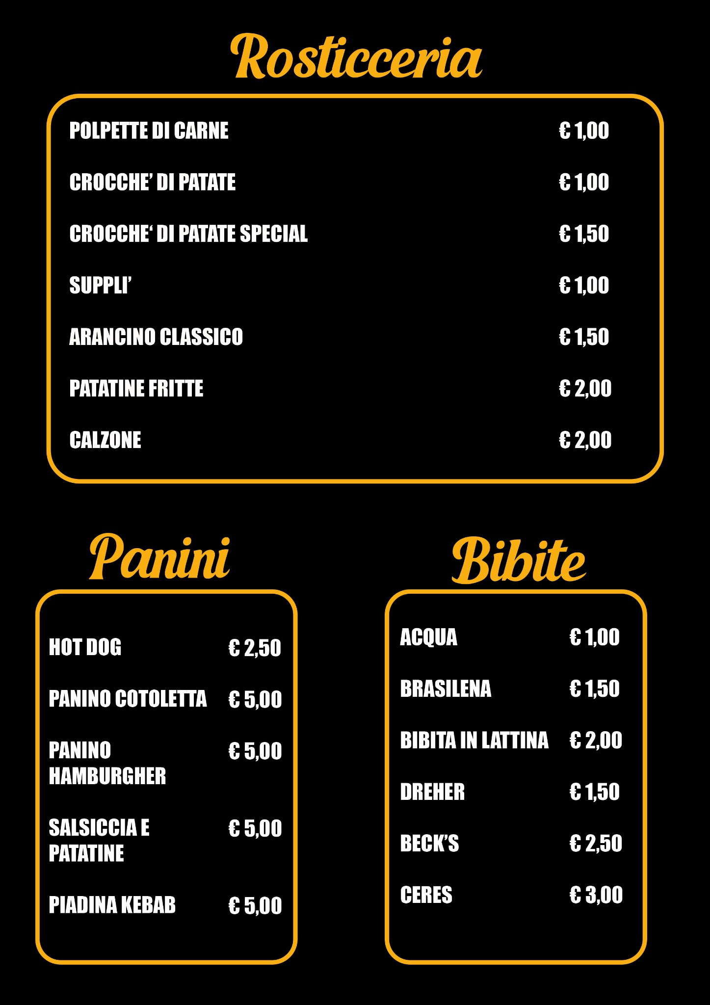 Menù Fantasy pagina 2 con rosticceria, panini e bibite